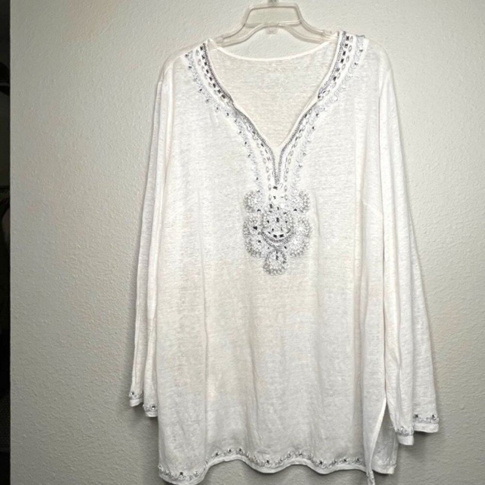 INC International Concepts XXL Linen Embellished Silver Pearl V-Neck Top - Picture 2 of 15